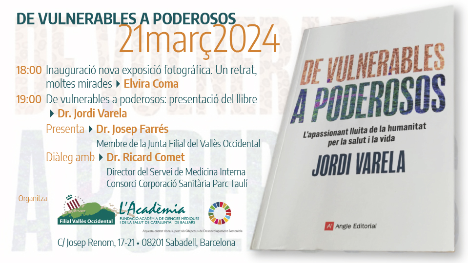 En pocs dies farem una sessió poc habitual a la nostra activitat però que ens encanta acolllir.

👇

El Dr. @gesclinvarela farà la presentació del seu nou llibre 📖"De vulnerables a poderosos" de l'editorial <a href="/angleeditorial/">Angle Editorial</a> .

us esperem!
📆 21 de març
🕣 19:00
📍Josep Renom, 17.