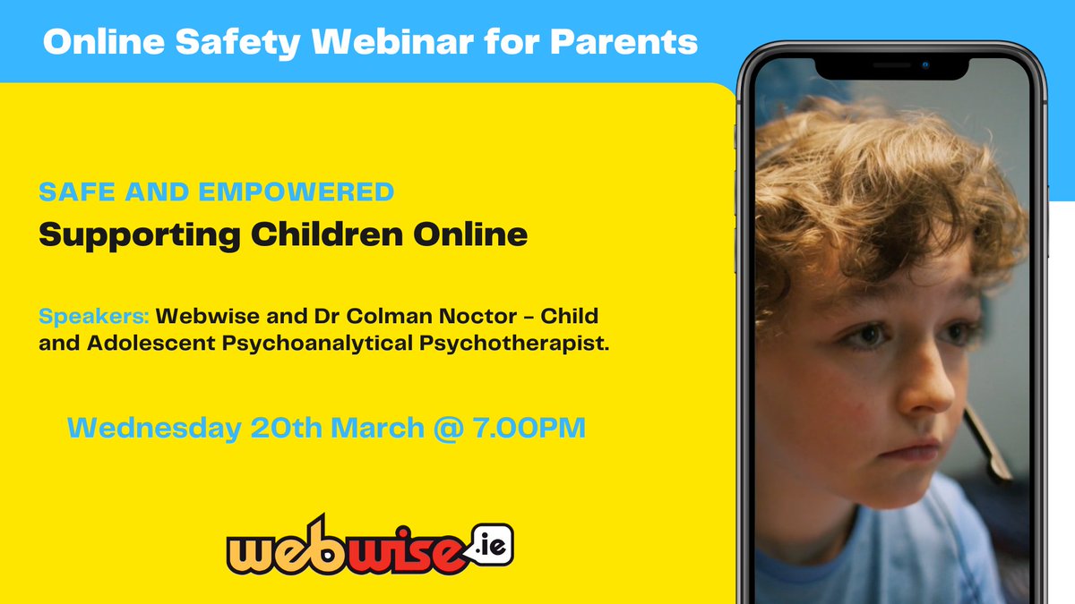 Webwise_Ireland's tweet image. Know #parents who may be interested in a free #OnlineSafety Webinar?

Featuring expert advice from Dr. Colman Noctor, registration is open for this session on Wednesday, March 20th at 7pm!

Sign up at bit.ly/3wLRA8D

#Edchatie #Parenting