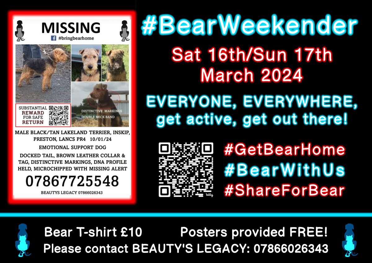 Please help, invite people everywhere to help us spread the word during our #Bearweekender on 16th/17th March. Post videos, upload live streams, take photos..wear a Bear t shirt, give out fliers #shareforbear  #bringbearhome
Get in touch and get involved @LostBearBamber