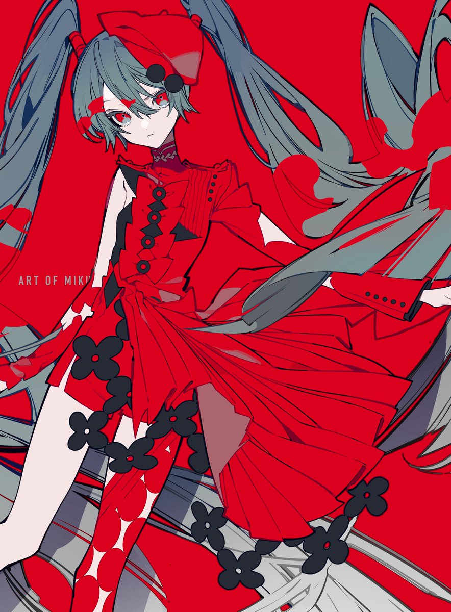 hatsune miku 1girl solo long hair twintails red background very long hair red theme  illustration images