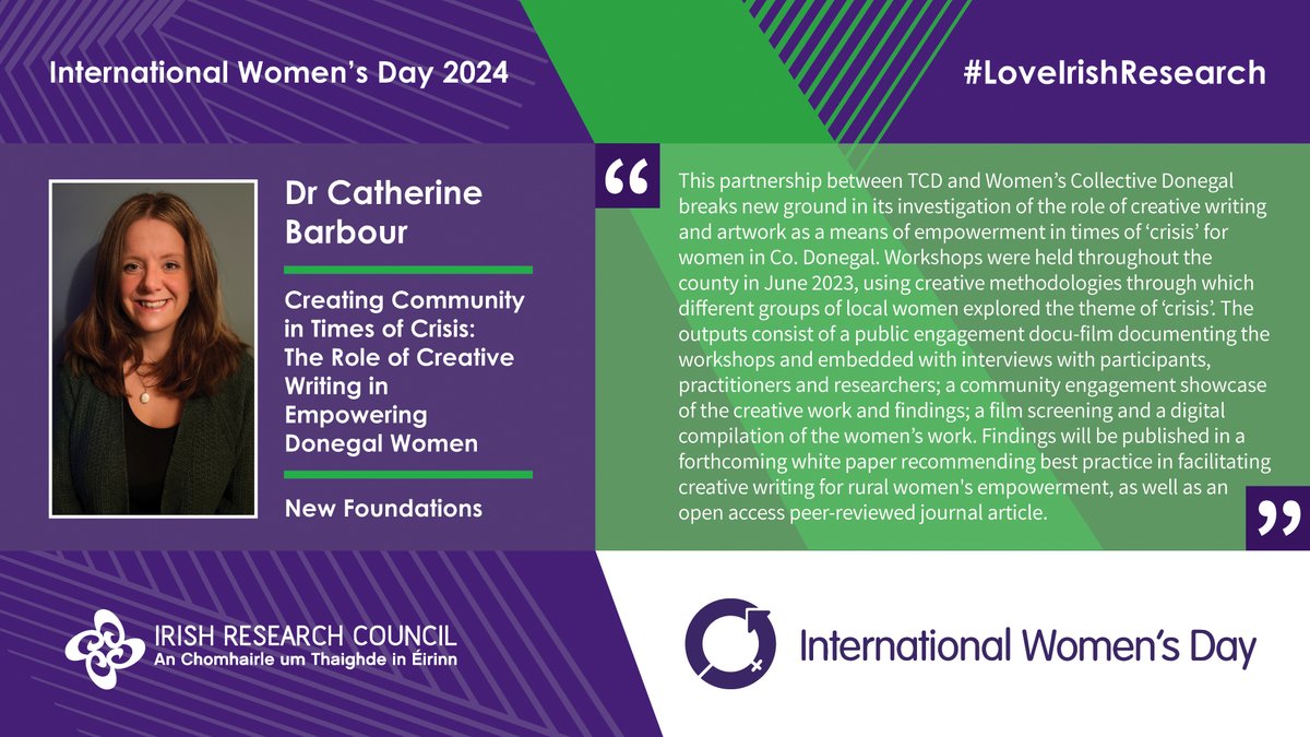 Happy International Women's Day! #InspireInclusion Next up Dr Catherine Barbour (TCD) whose research investigates the role of creative writing and artwork as a means of empowerment in times of crisis for women in Co. Donegal. @drcbarbour #InternationalWomensDay #LoveIrishResearch
