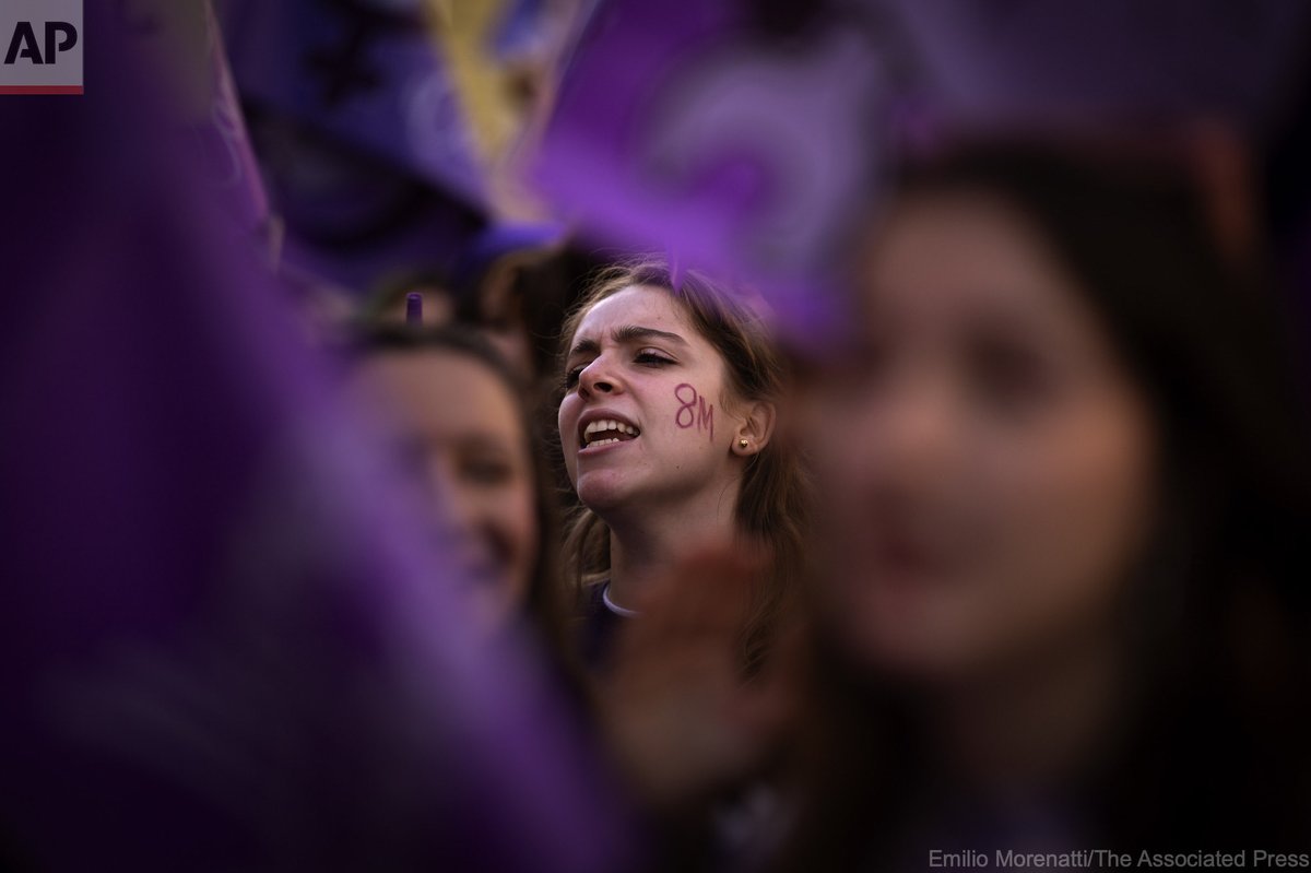 Students march during an International Women's Day protest in Barcelona, Friday, March 8, 2024. Spanish women are marking International Women's Day with a full day strike and dozens of protests across the country against wage gap and gender violence. #WomensDay