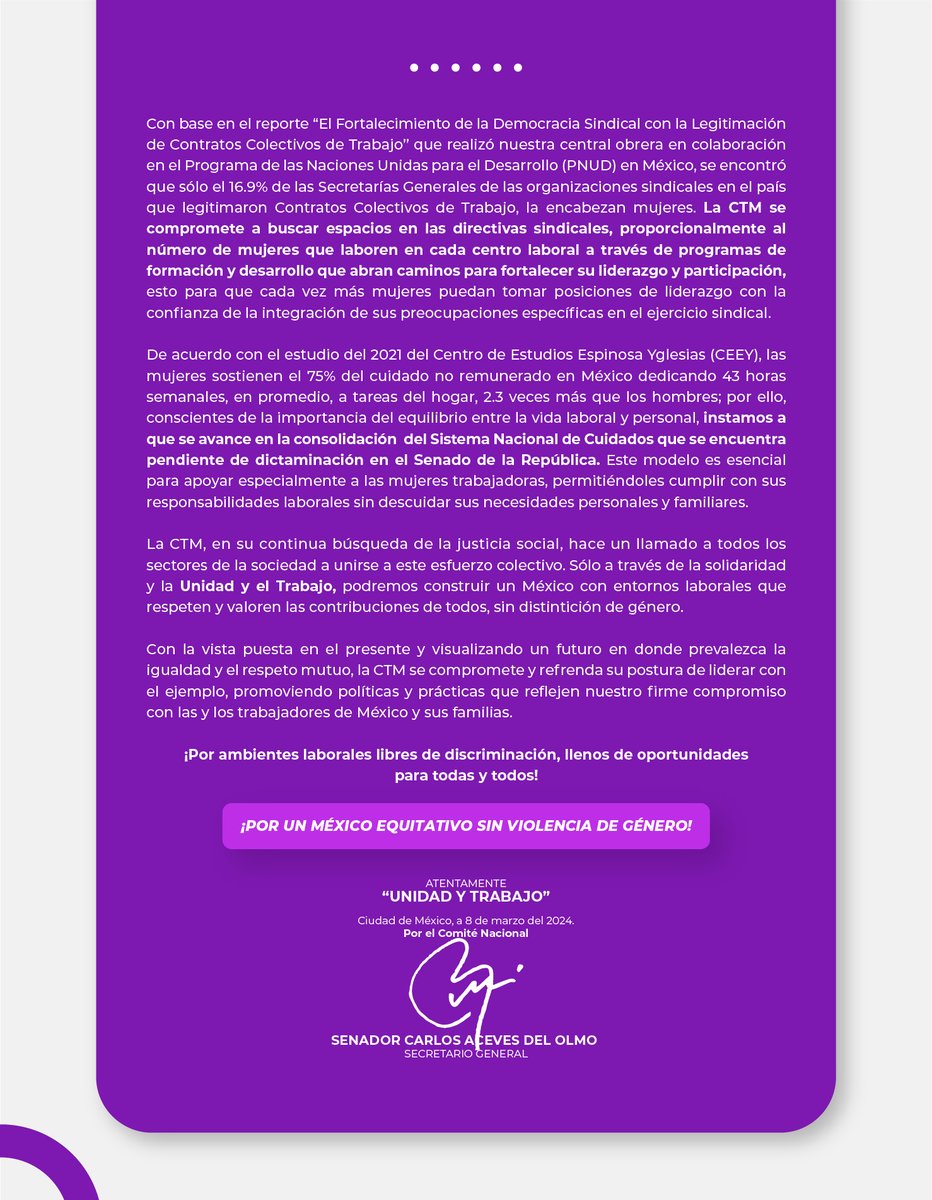 En el marco del Día Internacional de la Mujer, la <a href="/CTM_MX/">CTM Nacional</a> comunica: