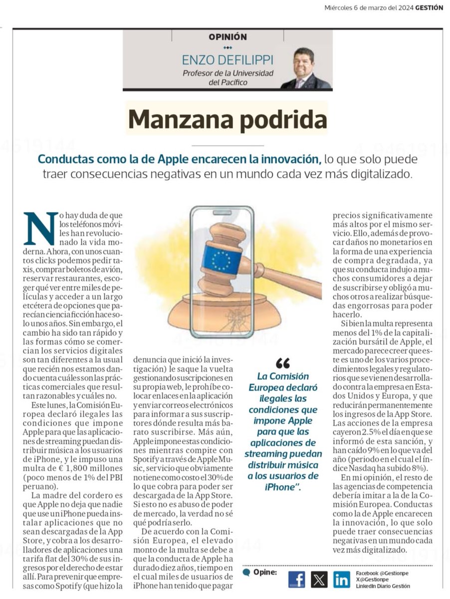 enzodef's tweet image. Comparto mi artículo del miércoles en Gestión. Tengo razones para creer que esta decisión de la UE marcará un hito en la forma en la que las políticas de #competencia tratan a las plataformas digitales #Apple #antitrust #Spotify #digitalplatforms