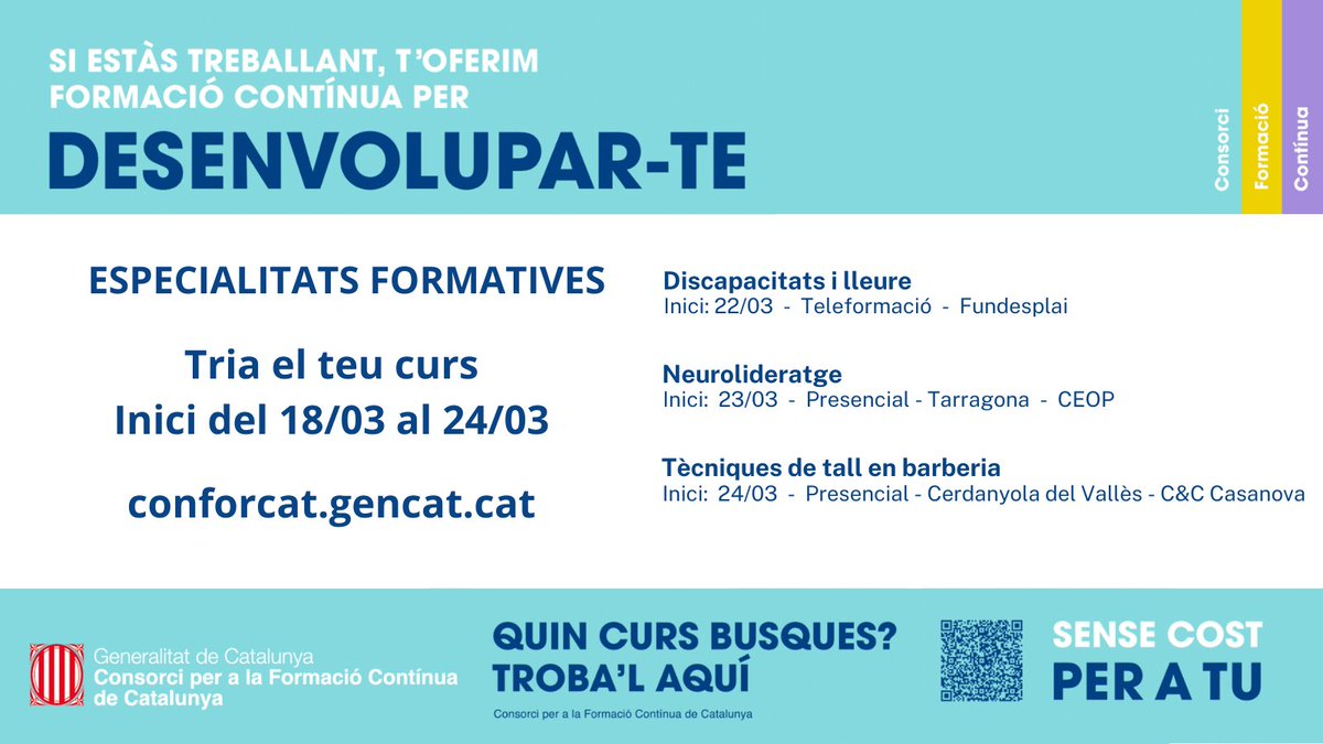 fpo_continua's tweet photo. #Cursos 100% subvencionats amb data 🗓️INICI del 18/03 al 24/03
#ESPECIALITATS #FORMATIVES
Modalitats:
📍Presencial
📲 Presencial Aula Virtual
💻Teleformació
🔄Mixta
Consulta el llistat👉 https://t.co/ifxD677cPs
@fundacioudg @uecgirona @fomentformacio @fundesplai @CEOPformacio https://t.co/OnyrTfkFza