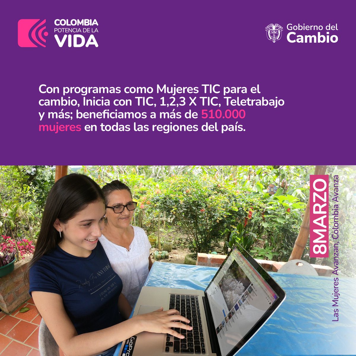 ¡Conectar a las mujeres con la tecnología es clave para el progreso! 
Desde #MinTIC trabajamos para promover el uso de las #TIC, creando programas y proyectos que no solo impulsan la inclusión digital, sino que también fomentan el desarrollo personal y social. #LasMujeresAvanzan
