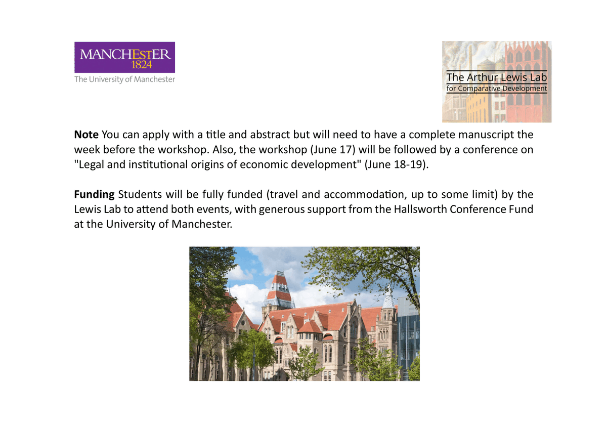 🚨 Call for applications 🚨

<a href="/ArthurLewisLab/">The Arthur Lewis Lab for Comparative Development</a> **Graduate Student Workshop**

June 17, 2024 in Manchester

Apply to present your work if you're working in econ history, development, political economy and related fields

Deadline: April 7, 2024
forms.gle/muYu3BKYzMhiS7…