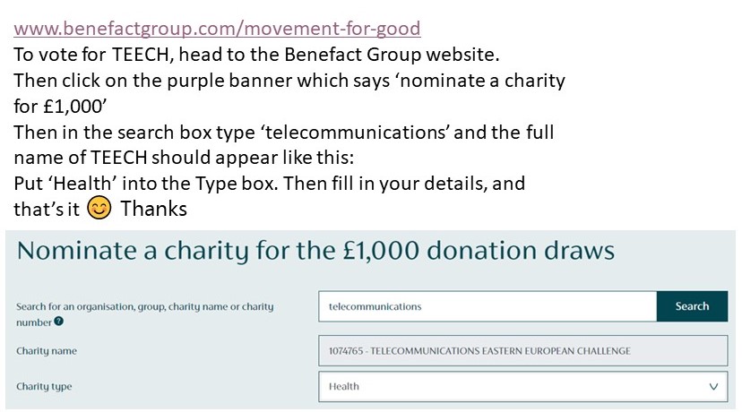 teechorg's tweet image. Vote for TEECH to provide the charity of winning £1,000 grant. Head to benefactgroup.com/movement-for-g… Thanks