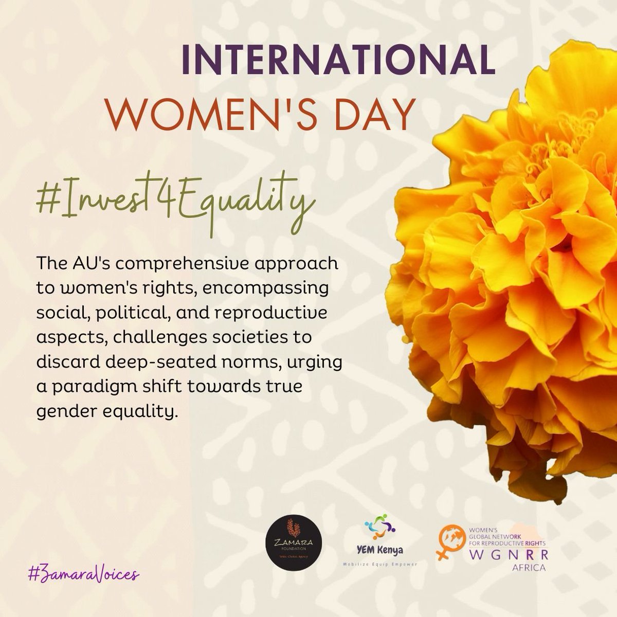 we should apply such comprehensive approaches to Commit to zero tolerance for genderbased discrimination and harassment fostering a safe and inclusive environment where every woman feels respected and valued
#Invest4Equality
#ZamaraVoices
@Zamara_fdn
@YEMKenya
@wgnrr_africa
#IWD