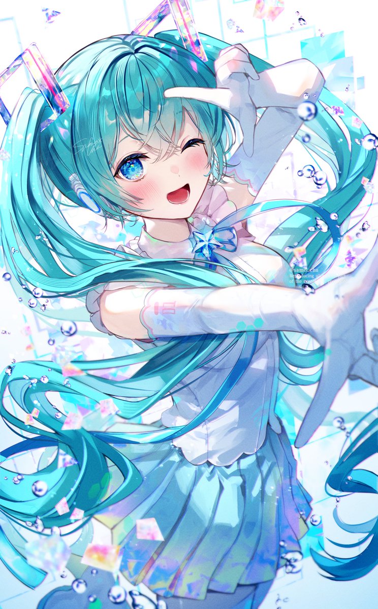 hatsune miku 1girl one eye closed solo gloves skirt twintails long hair  illustration images