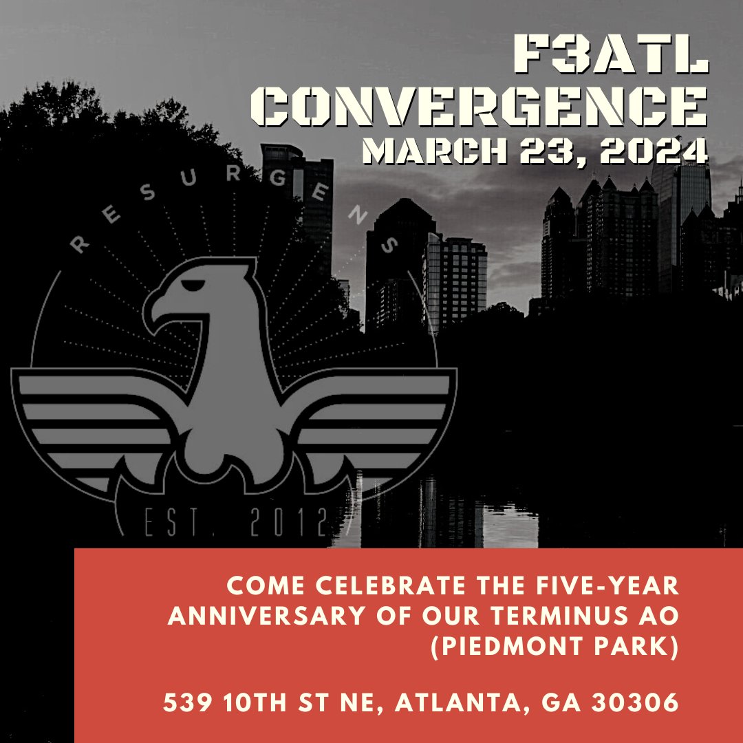 F3Atlanta's tweet image. Atlanta PAX! Mark your calendars for March 23rd, 2024 at 6:30 AM for a 5-year celebration of F3 Terminus (Piedmont Park) AO.

AO Location - f3atlanta.com/workout-locati…