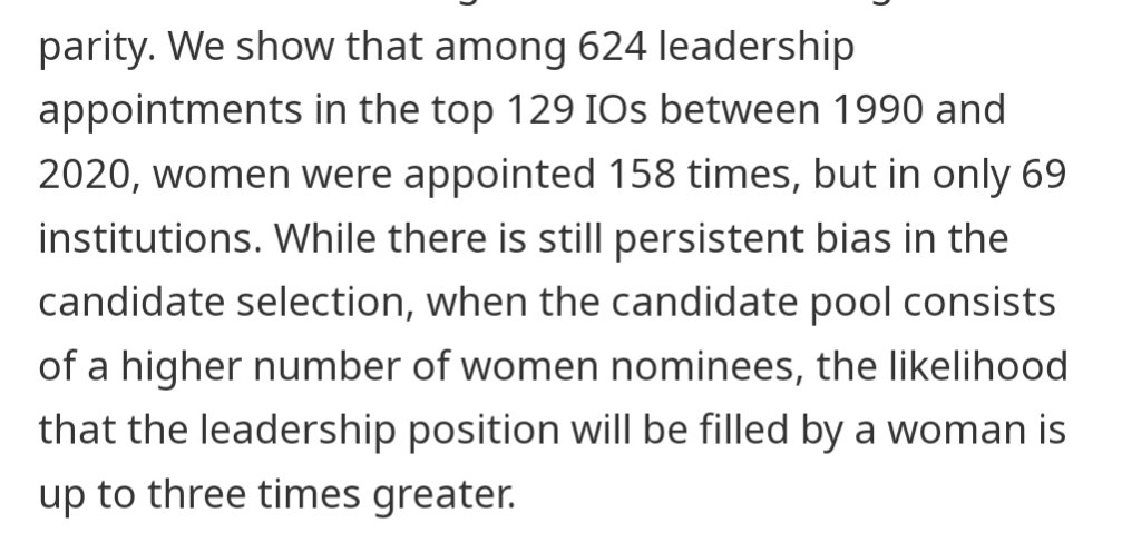Alisa DiCaprio (@alisadicap) on Twitter photo Women's day is a great time to recognize an important place where women are absent: the top. Only 25% of multilateral appointed a woman head even once since 1990. Our 2023 paper in <a href="/PoliticsGenderJ/">Politics & Gender</a> exposes the candidate pool as the bottleneck.
buff.ly/3UBCz2V Women's day is a great time to recognize an important place where women are absent: the top. Only 25% of multilateral appointed a woman head even once since 1990. Our 2023 paper in <a href="/PoliticsGenderJ/">Politics & Gender</a> exposes the candidate pool as the bottleneck.
buff.ly/3UBCz2V