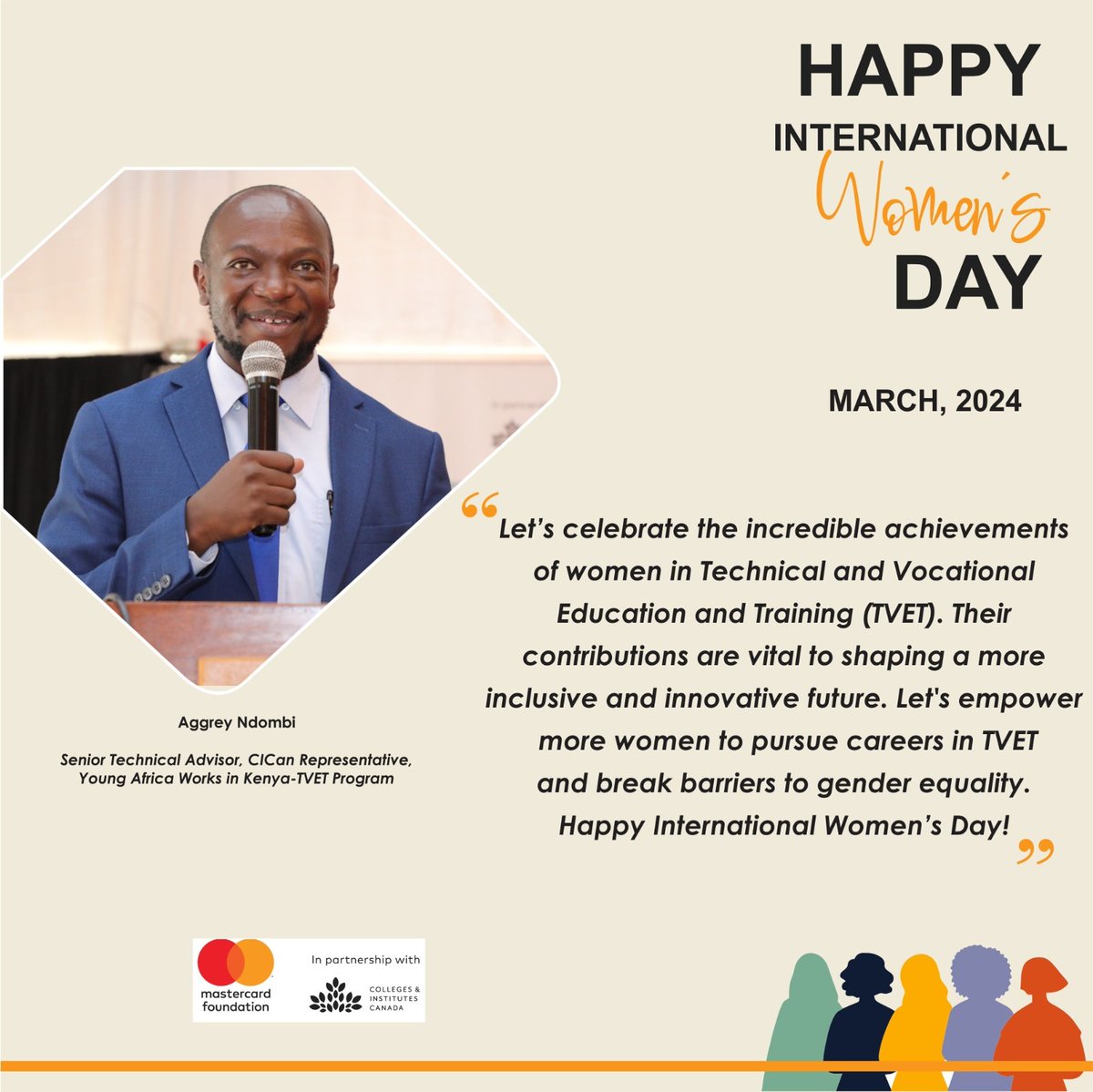 'Let's celebrate the incredible achievements of women in TVET,' Aggrey Ndombi, STA, @youngafricawks- in Kenya-TVET Program. #InvestInWomen #InvestInWomeninTVETs #InternationalWomensDay #IWD2024 @MastercardFdn @CollegeCan