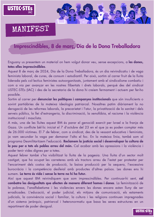 USTECSTEs's tweet photo. 🟣Manifest d'USTEC·STEs amb motiu del #8M: Reivindiquem que som imprescindibles! 

Descarrega'l: https://t.co/B1CiPmoJLo https://t.co/Sb2iZqS8oH