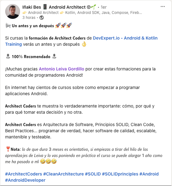 antonioleivag's tweet image. Tengo unos alumnos que no me los merezco.

¡Muchas gracias Iñaki! Empezamos nueva edición en abril, si te interesa mándame un DM.

#architectcoders #androiddev