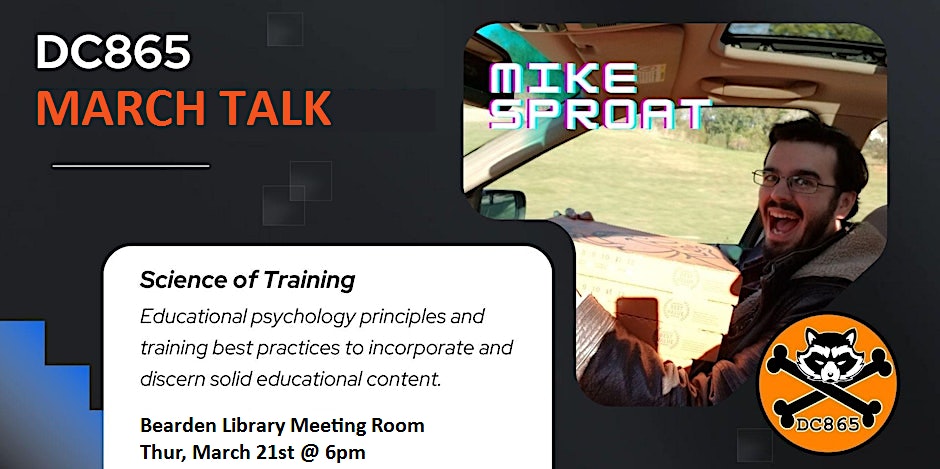 What: Science of Training (rescheduled)
Who: Mike Sproat
When: Wednesday 21st at 6PM 
Where: Bearden Library Meeting Room
Free Tickets: eventbrite.com/e/the-science-…
<a href="/defcongroups/">DEF CON Groups</a> <a href="/defcon/">DEF CON</a> #10sec