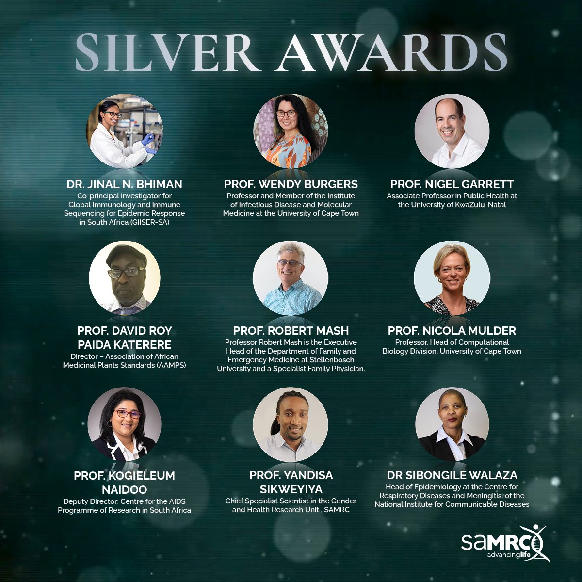 In the silver awards category a salute is given to scientists who have made important scientific contributions within 10yrs of having been awarded their PhD or Master of Medicine (MMed). This year, the award recipients were: