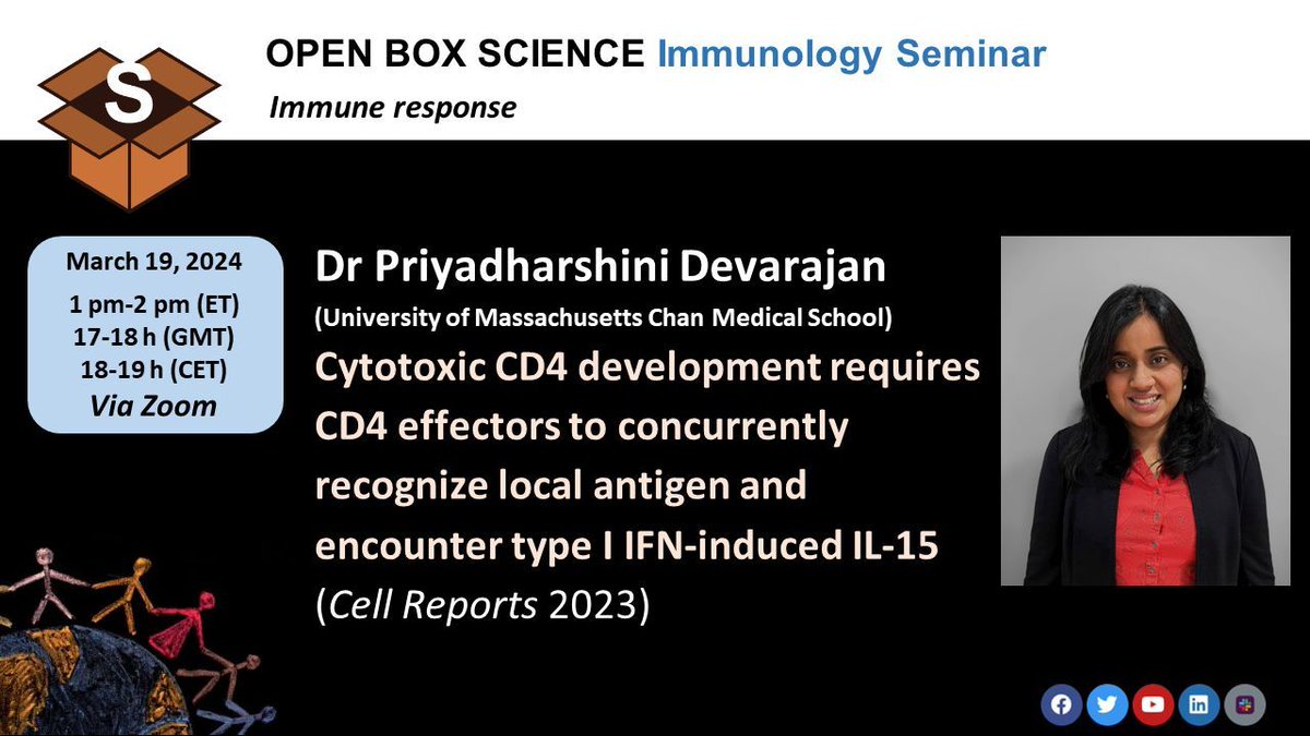 OBS #Immunology Seminar 📆 Tu, March 19, 1 pm ET 🎙️ Dr @devarajan_priya Cytotoxic CD4 development requires CD4 effectors to concurrently recognize local antigen and encounter type I IFN-induced IL-15 @CellReports ✍️ buff.ly/4bXxN6l #openscience