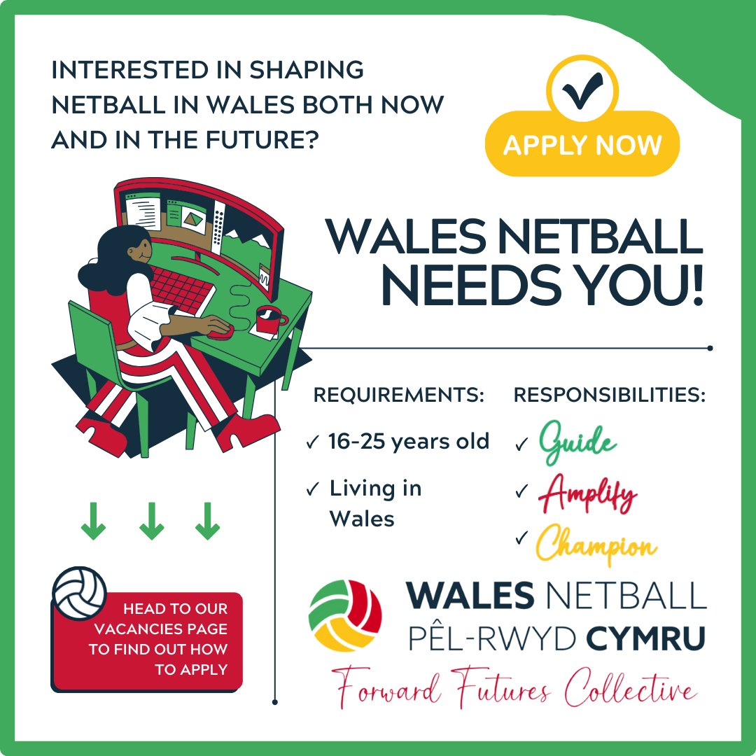 It's the last day to apply to be a part of our Forward Futures Collective 🏴󠁧󠁢󠁷󠁬󠁳󠁿 The deadline for submitting applications is today at 12 PM (noon) ⏰ Apply now to be a part of shaping Netball in Wales 👇 walesnetball.com/job-vacancies/