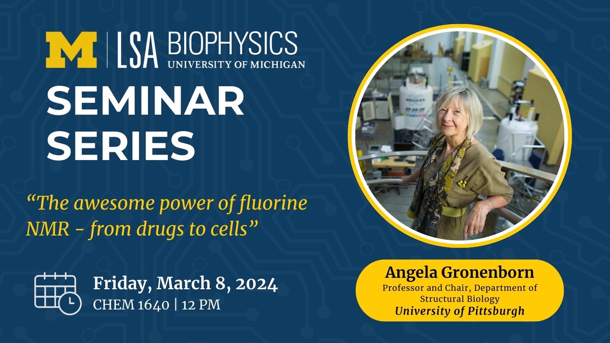 Today's #MichiganBiophysics Seminar Speaker is Angela Gronenborn from University of Pittsburgh. ⏰ When: Today, 12pm 📍 Where: CHEM 1640