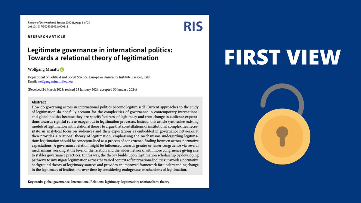 🚨New First View Article🚨 'Legitimate governance in international politics: Towards a relational theory of legitimation' by @WolfgangMinatti is now available #OpenAccess! 📄Read Here 👉cambridge.org/core/journals/…