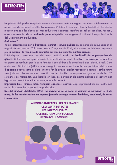 USTECSTEs's tweet photo. 🟣Manifest d'USTEC·STEs amb motiu del #8M: Reivindiquem que som imprescindibles! 

Descarrega'l: https://t.co/B1CiPmoJLo https://t.co/Sb2iZqS8oH