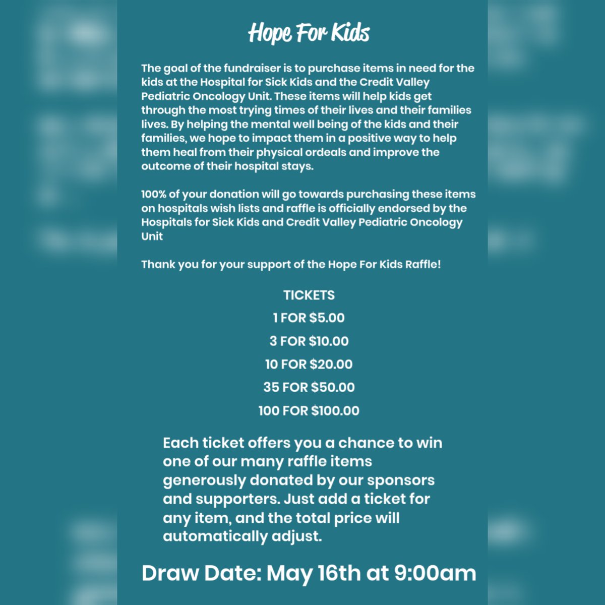 Our Hope For Kids Raffle is now live! The goal of the fundraiser is to purchase items in need for the kids at the Hospital for Sick Kids and Credit Valley Pediatric Oncology Unit. Click the link in our bio and purchase your tickets today for a chance to win some amazing prizes!