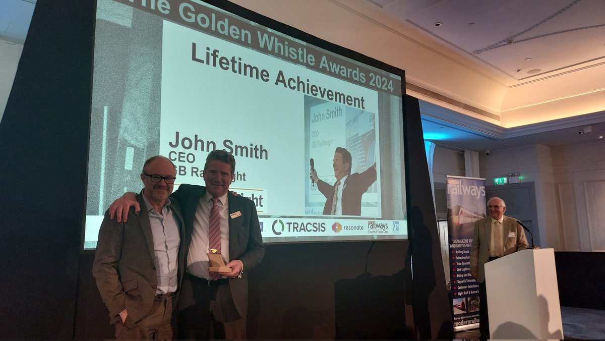 Before lunch we have presented the #goldenwhistles Lifetime Achievement Award to @GBRailfreight CEO John Smith