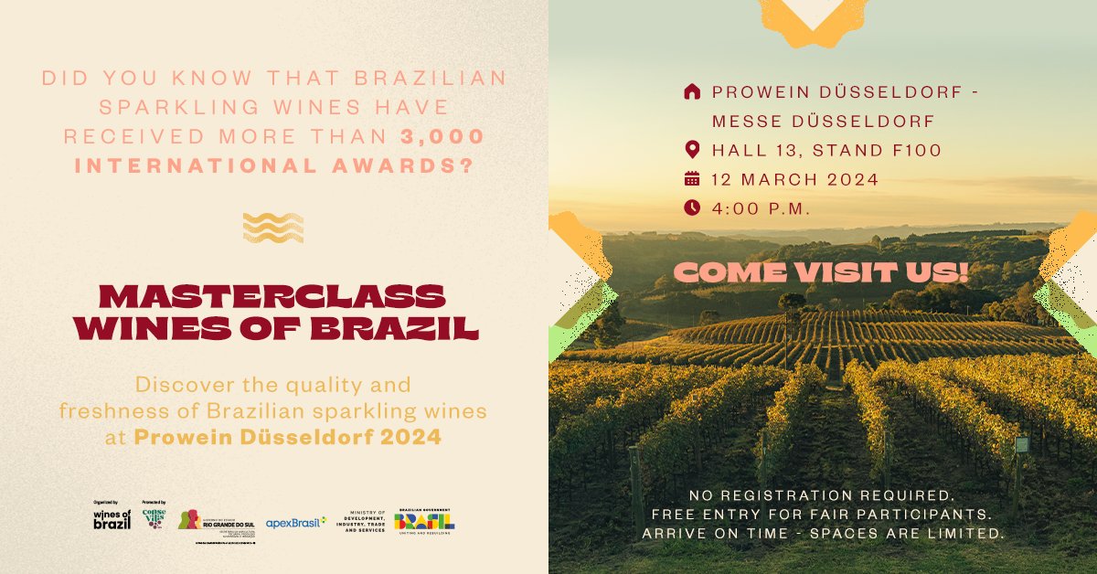 Wines of Brazil and partners invite you to visit the Brazilian Stand at ProWein Dusseldorf 2024! Join them for a Brazilian Sparkling Wines masterclass too!