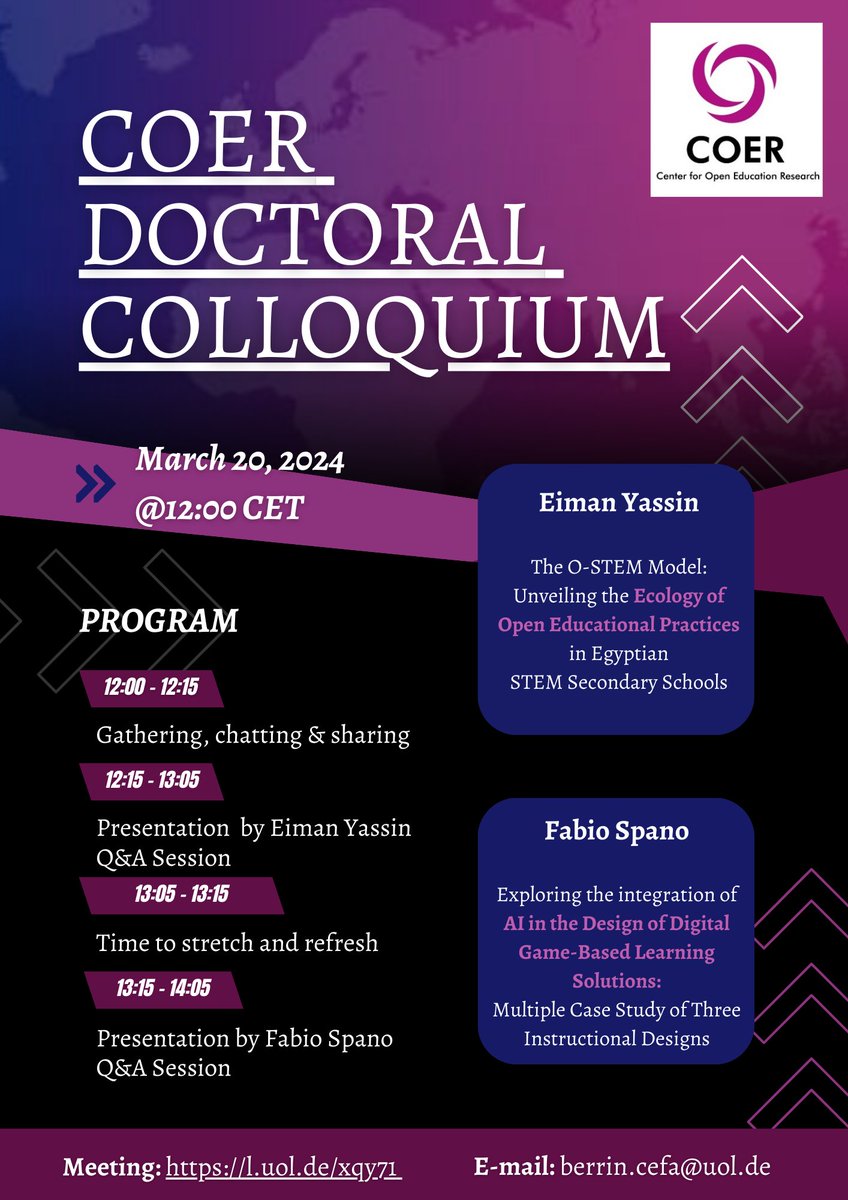COER (@_coer_) on Twitter photo 📢Join our open event! Next #COERDoctoralColloquium is taking place on Mar20 @ 12:00CET. Our PhDcs are from <a href="/ICU_JP/">ICU 国際基督教大学</a>.
Eiman Yassin will talk about OEP &
Fabio Spano will present AI in Instructional Design.
Come and meet us in the link below!👇We grow together! 👌 #ODDE #COER 📢Join our open event! Next #COERDoctoralColloquium is taking place on Mar20 @ 12:00CET. Our PhDcs are from <a href="/ICU_JP/">ICU 国際基督教大学</a>.
Eiman Yassin will talk about OEP &
Fabio Spano will present AI in Instructional Design.
Come and meet us in the link below!👇We grow together! 👌 #ODDE #COER