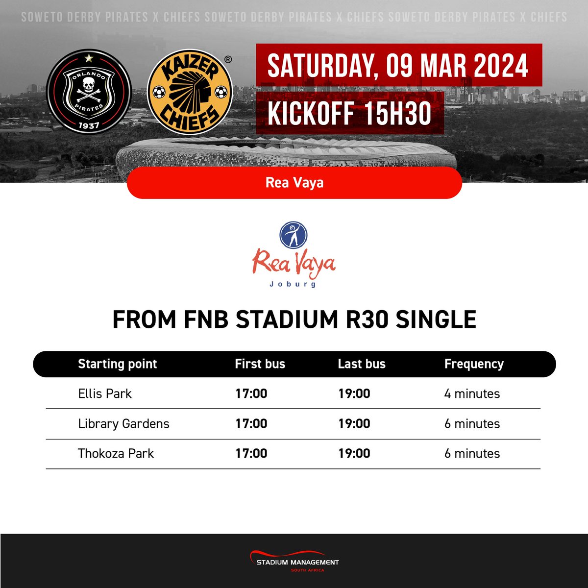 Using Rea Vaya as your transport option to the Soweto Derby at FNB Stadium tomorrow? Be sure to take note of drop off and collection points. Gates open 11:30 for the 15:30 kick-off. Arrive early and travel safely! #SMSA #FNBStadium #DStvPrem #SowetoDerby