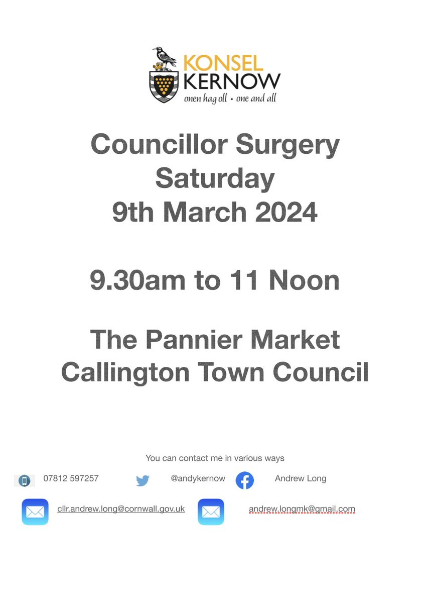Revised <a href="/MebyonKernow/">The Party for Cornwall</a> Cllr Surgery tomorrow at <a href="/CallingtonTC/">Callington TC</a> from 0930 to 11am