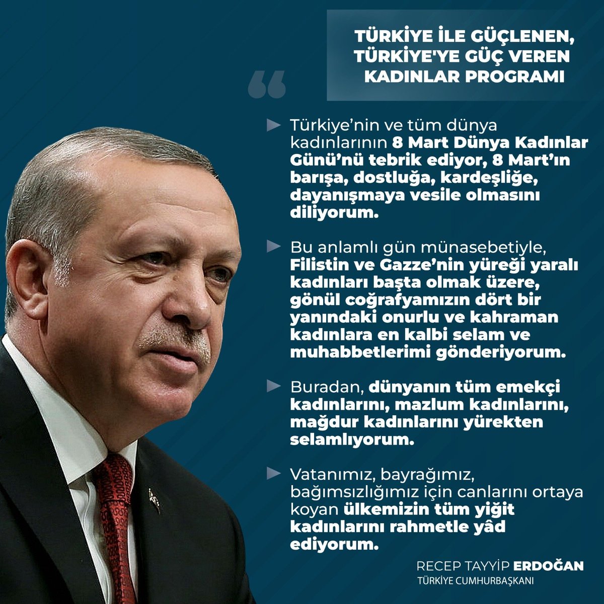 Cumhurbaşkanımız Sayın Recep Tayyip Erdoğan: 

Başörtüsüne özgürlük başta olmak üzere kadınlar lehine pozitif ayrımcılık yapılmasını anayasa kuralı haline getirdik.

#TürkiyeyeGüçVerenKadınlar 

<a href="/RTErdogan/">Recep Tayyip Erdoğan</a> <a href="/Akparti/">AK Parti</a> <a href="/erkankandemir/">Erkan Kandemir</a> <a href="/AKKADINGM/">AK Parti Kadın Kolları</a>