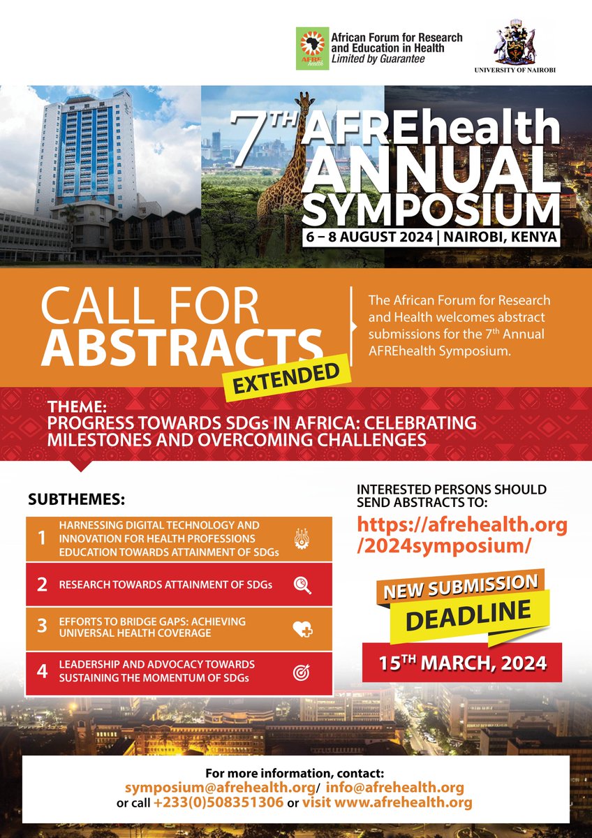 We would like to inform you that the deadline for abstract submissions for the 7th Annual Symposium in Nairobi in August 2024 has been extended to 15 March 2024. Seize the opportunity to contribute to knowledge sharing at this significant event. Please Submit through the link
