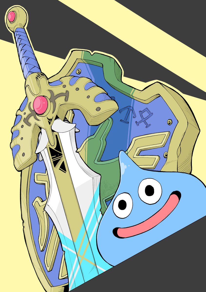 slime (dragon quest) weapon sword no humans open mouth smile black eyes :d  illustration images