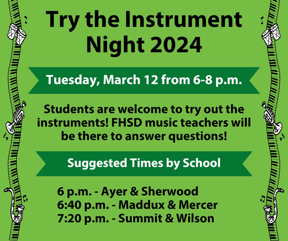 🎻🎺 Is your 4th grade student interested in signing up for Band or Strings in 5th grade?? All 4th grade families are invited to Try the Instrument Night! 👇👇

Find more information about FHSD elementary music programs: fhelementarymusic.weebly.com