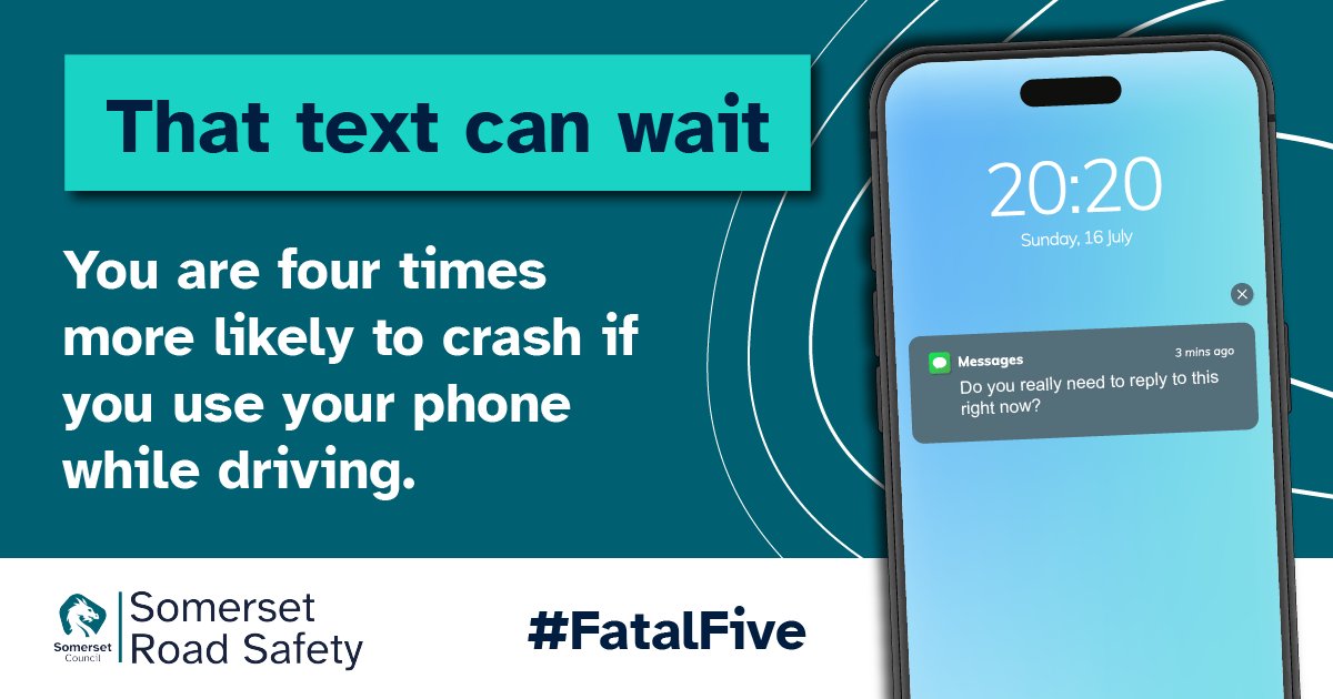 You are 4️⃣times more likely to crash if you use your phone while driving. Is checking that text really worth your life? Or the life of someone else? For more tips and advice on the #FatalFive, visit: 👉somersetroadsafety.org/fatal-five/ @ASPolice @ASPRoadSafety @DSFireUpdates