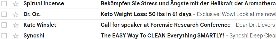 Started my Friday by checking my spam folder for false positives and noticed I received some messages from some fairly famous folks, including Dr. Oz &amp; Kate Winslet!

Nice try scammers. Katie would never call me “Dr. Lievers” and we normally message on WhatsApp.