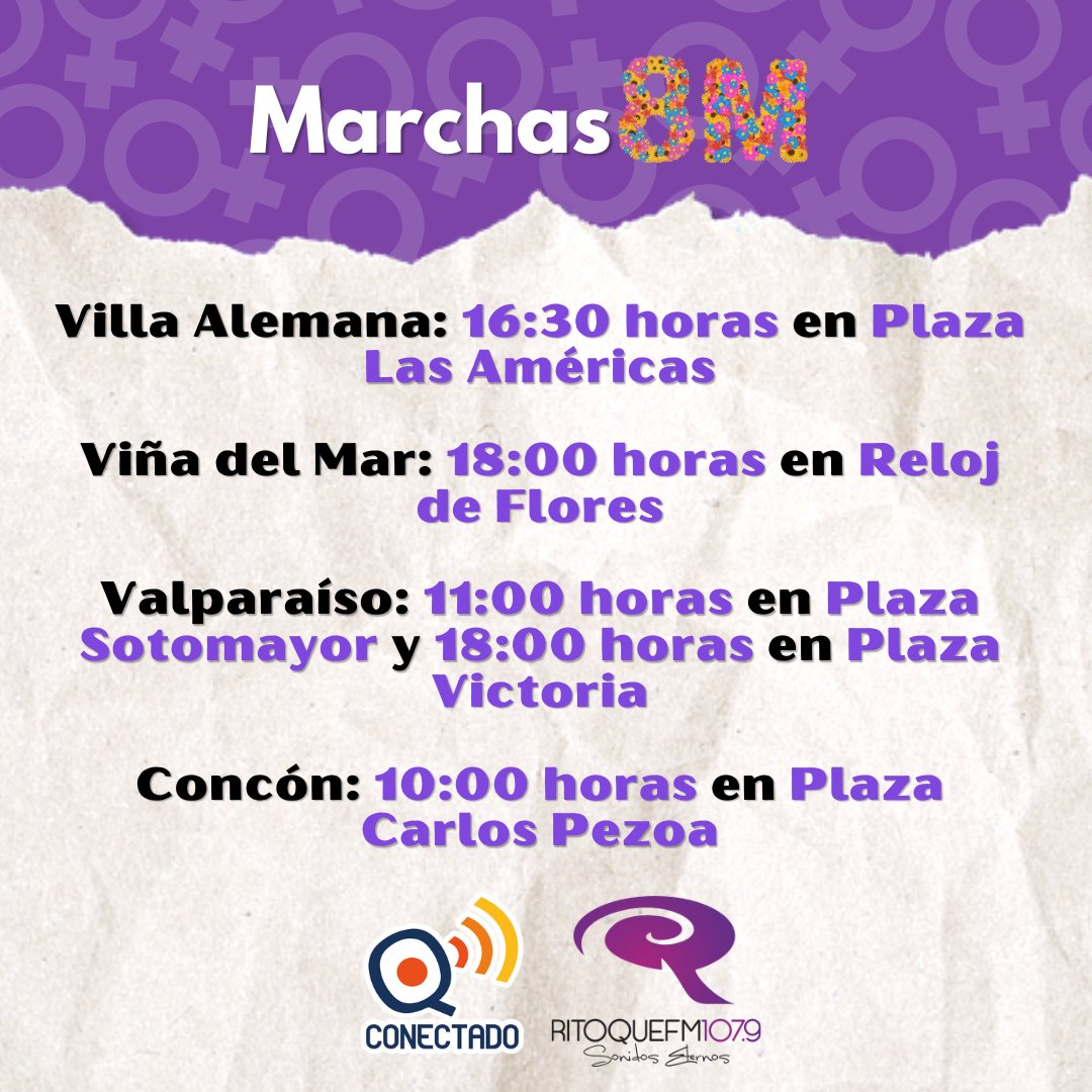 Marchas #8M ♀️💜

👉Villa Alemana, Viña del Mar, Valparaíso y Concón

#diadelamujer #diainternacionaldelamujer #marchamosjuntas #marcha @RitoqueFM @ConectadoQuinta