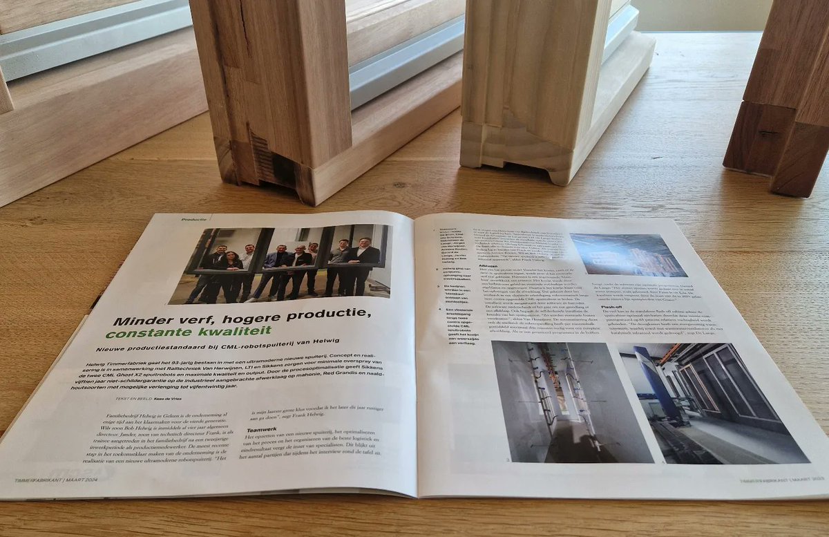 Helwig Kozijnen prijkt samen met Railtechniek van Herwijnen B.V., LTI en Sikkens in TIMMERFABRIKANT, het vakblad voor de houtverwerkende industrie, vanwege hun ultramoderne spuiterij.