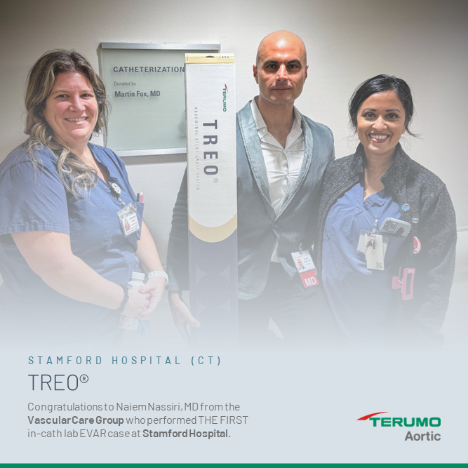 Congratulations to @NaiemNassiri & the team @StamfordHealth on their successful first EVAR case. Dr. Nassiri commented on why he selected the TREO graft for this case “With TREO, I can tailor the graft to individual patient anatomy for optimal outcomes”. #TREO #AAA #StentGraft