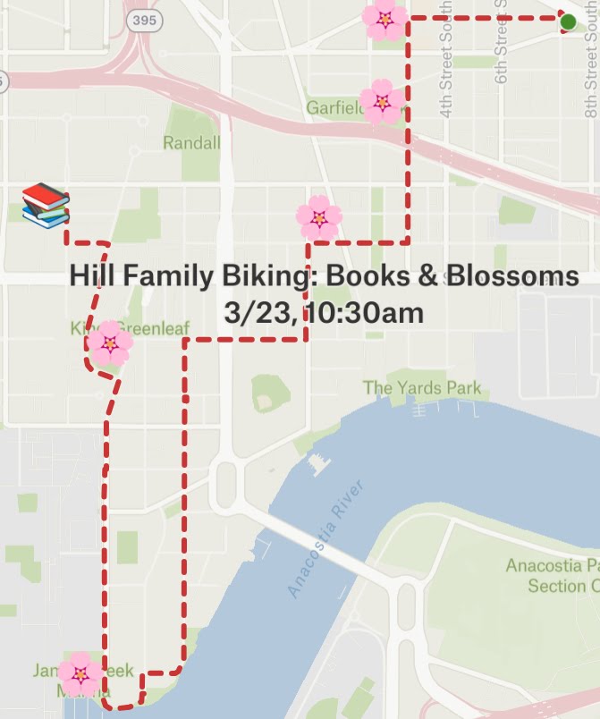 The Books 📚 & Blossoms 🌸 is only 2 weeks away! 
Join us during #peakbloom as we bike along some of the best Cherry Blossoms on the way to SW Library for a special @dcpl story time! hillfamilybiking.org/events/