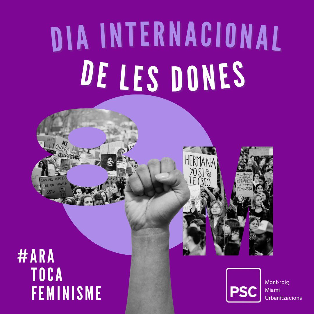 Avui i tots els dies de l'any #TocaFeminisme. En totes i cadascuna de les esferes de la nostra vida #TocaFeminisme.
👩🏼‍🤝‍👩🏻Convençudes de què dia dia podem construir un món més igualitari!
Visca la lluita feminista 💜

#pscmontroigmiami