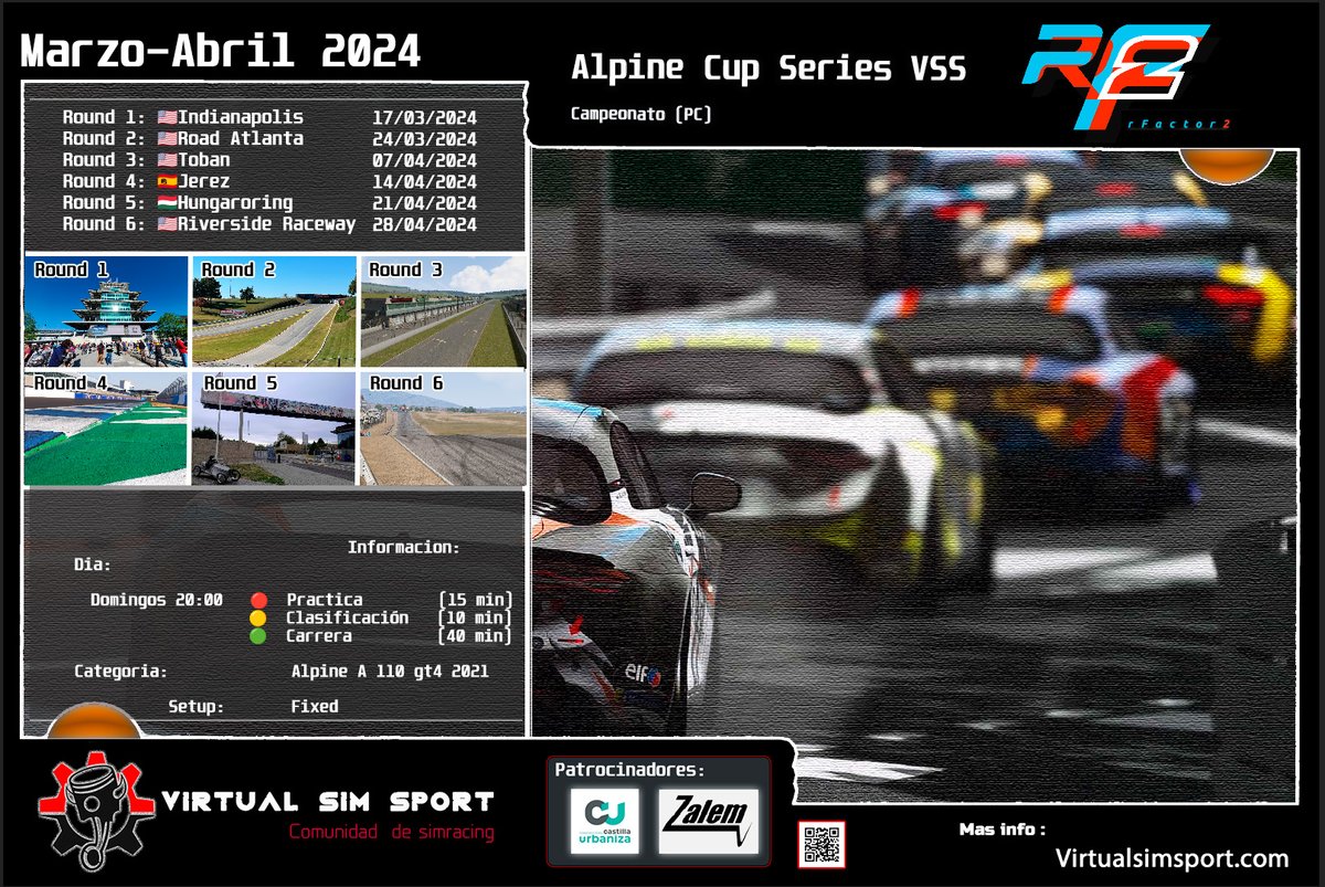 VirtualSimSport's tweet image. Proximo Campeonato Alpine Cup Series VSS - simulador rFactor2 - Mas info en nuestra web: virtualsimsport.com