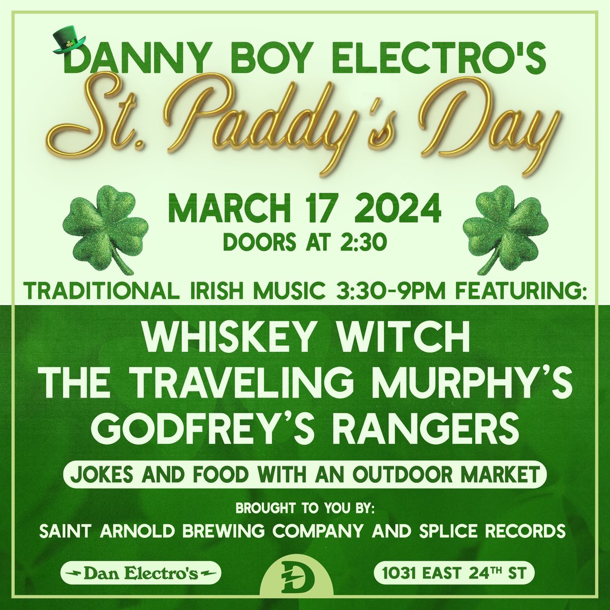 MurphyGuitar's tweet photo. St Patrick’s day in Houston. March 17. Three great bands. #Stpatrickday2024 @DanElectros @SpliceRecordsTX https://t.co/6rzgdtfJ54