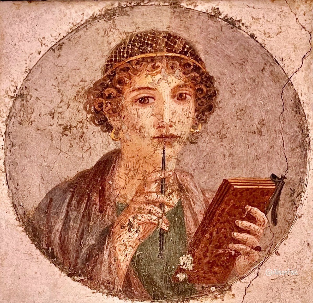AlisonFisk's tweet photo. The ‘so-called’ Sappho fresco from #Pompeii for #InternationalWomensDay

This beautiful Roman painting shows a woman holding a writing tablet, a writing stylus raised to her lips in thoughtful contemplation. 55-70 AD.

Museo Archeologico Nazionale, Naples 📷 my own

#Archaeology https://t.co/8ltIm0cBwa