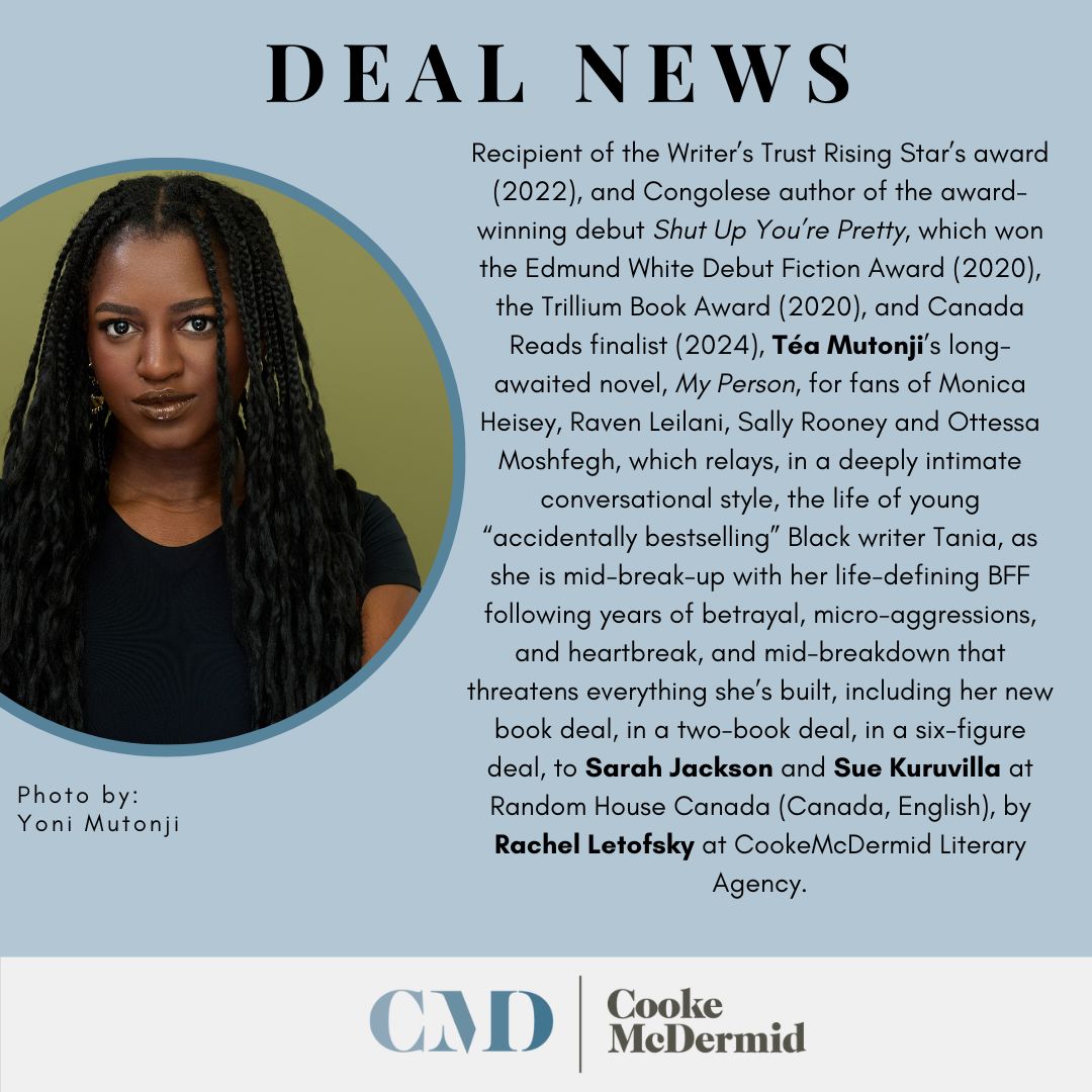 CookeMcDermid's tweet image. Congratulations to @teamutonji as her long-awaited novel My Person is sold to @sarahemja and @suelusive at Random House Canada by @rachelletofsky.