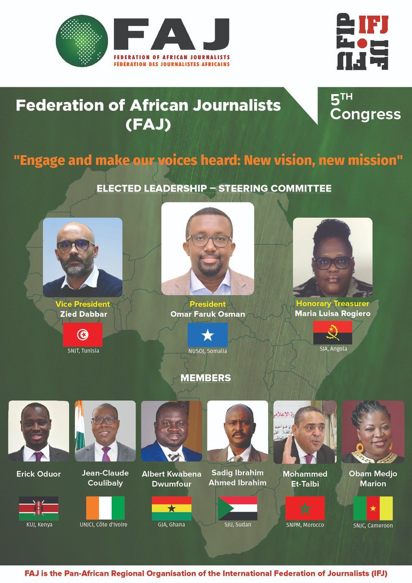 URGENT - @IFJGlobal congratulates the newly elected leadership of the Federation of African Journalists (FAJ) following their continental congress on 6 March 2024. A milestone for journalism in Africa! #Journalism #FAJCongress2024 #Leadership #Solidarity @FAJafrica