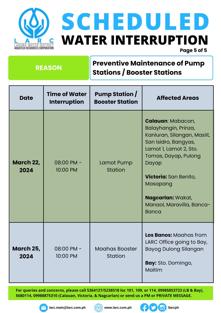 LARCph's tweet photo. Please be advised of the SCHEDULED water interruption. Low water pressure to no water supply may be experienced. Please check this post from time to time for updates.

#LARCph https://t.co/RAKMltGCl3