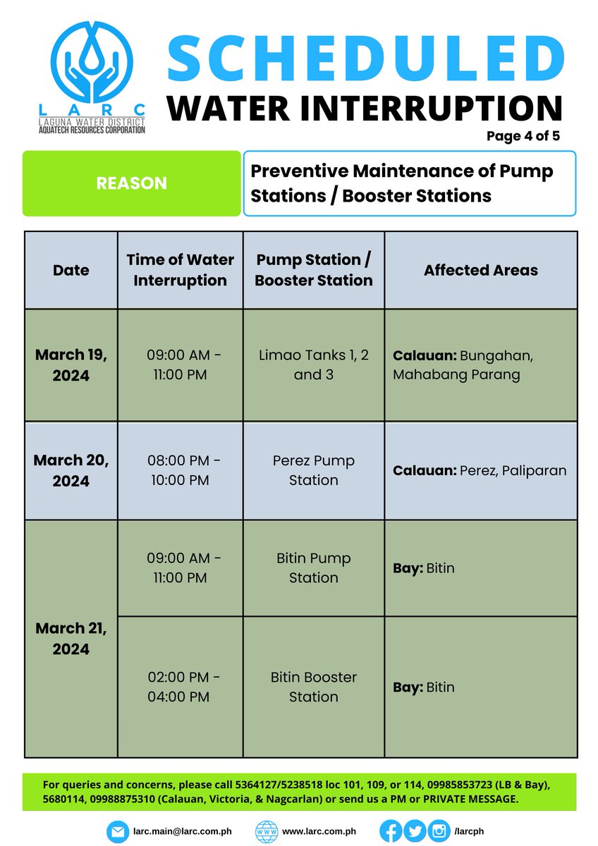 LARCph's tweet photo. Please be advised of the SCHEDULED water interruption. Low water pressure to no water supply may be experienced. Please check this post from time to time for updates.

#LARCph https://t.co/qpNovtMZSY